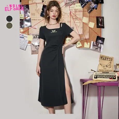 妖精的口袋开叉方领连衣裙女2023夏季新款黑色收腰修身开叉t恤裙商品大图