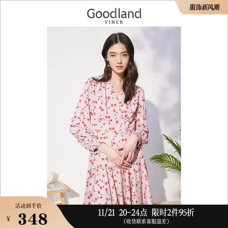*Goodland美地女装秋季长袖v领草莓印花收腰连衣裙图片