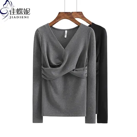 秋冬新款韩版加绒保暖修身显瘦长袖上衣打底衫体恤V领内搭女装商品大图