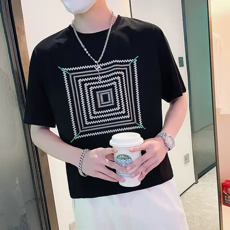 夏季男士t恤短袖半袖潮牌潮流波浪条纹学生网红个性休闲ins打底衫商品大图