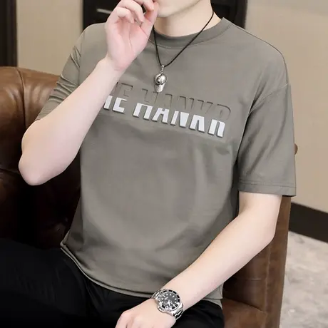 短袖t恤男夏季潮牌压花冰感五分半袖上衣服男士韩版休闲圆领体恤T商品大图