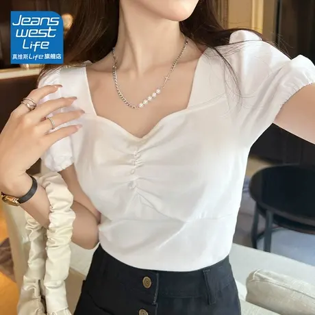 真维斯LIFE白色t恤女2023年新款夏季泡泡袖方领正肩短款露脐短袖图片