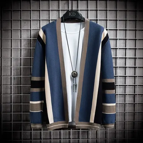 薄款条纹休闲外套男2023年春秋季新款针织衫上衣男士潮流开衫毛衣商品大图