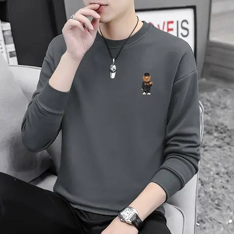 灰色卫衣男2024新款中国潮流小熊无帽上衣春秋款加绒圆领长袖t恤商品大图