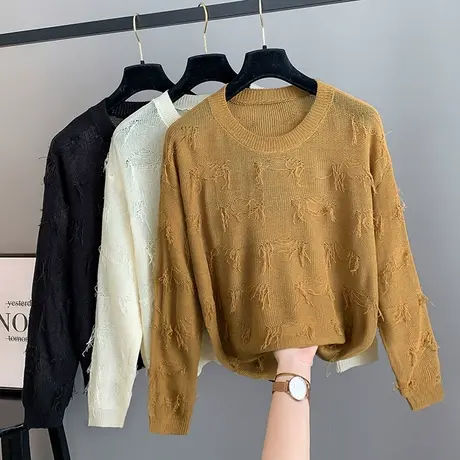 早秋新款圆领长袖流苏时尚纯色百搭针织衫套头2025早春打底毛衣女图片