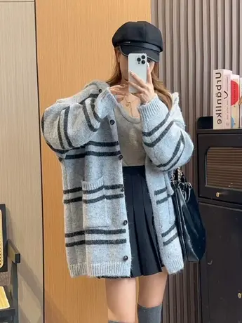 时尚休闲连帽毛衣外套女2023新款宽松显瘦慵懒复古中长款针织开衫图片