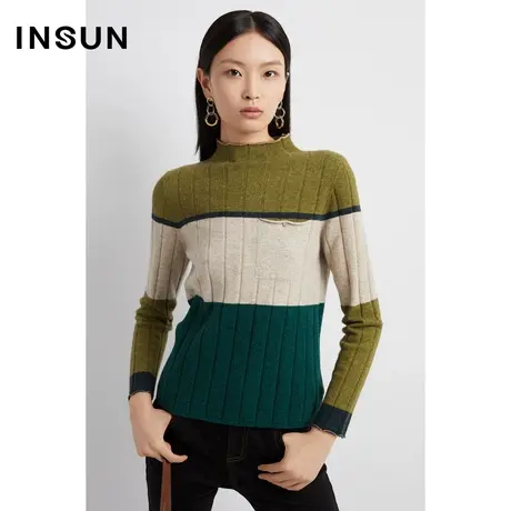 INSUN恩裳线上专选秋季拼色修身半高领羊毛针织衫图片