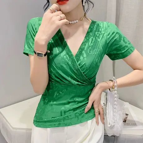 性感交叉V领短袖T恤女2024夏季新款时尚烫钻小衫潮设计感提花上衣商品大图