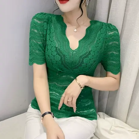 时尚泡泡袖蕾丝衫女欧货性感短袖时尚紧身T恤洋气黑色雷丝上衣ins图片