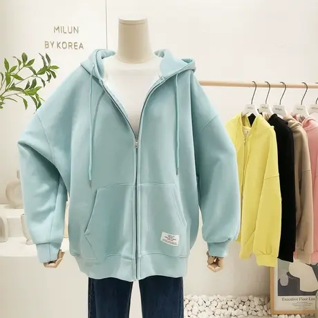 2022早春季新款拉链外套韩国东大门ins纯色连帽开衫卫衣休闲大码商品大图