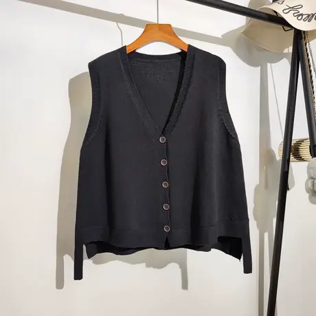 大码针织马甲开衫女春秋新款韩版宽松v领设计感小众马夹上衣外套商品大图