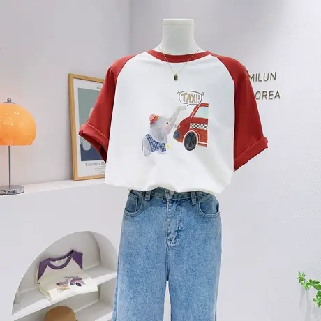 韩国东大门ins油画风上衣2023夏季新款复古小象拼色T恤中长款遮肉商品大图