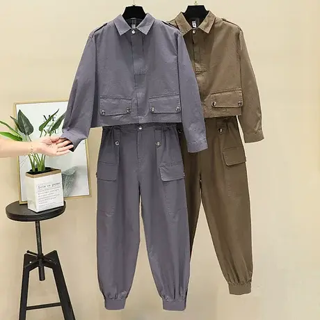 工装套装女潮酷2023早秋新款短款外套九分束脚裤帅气显高两件套商品大图