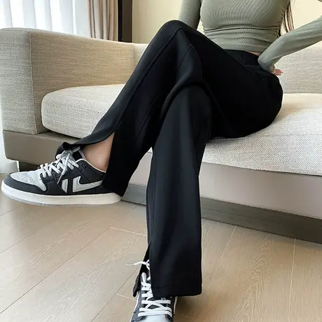 开叉窄版阔腿裤女2023年秋季新款高腰显瘦垂感直筒休闲运动拖地裤商品大图