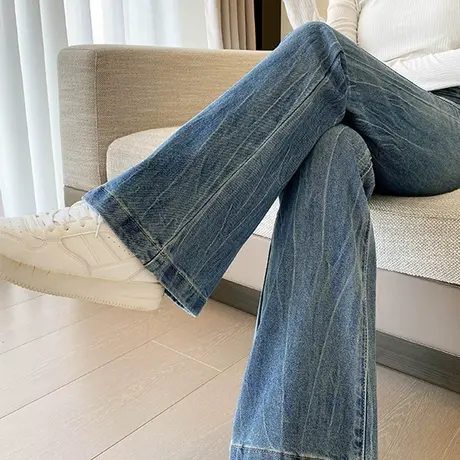 复古做旧微喇牛仔裤女辣妹高腰弹力设计感个性修身显瘦百搭马蹄裤图片