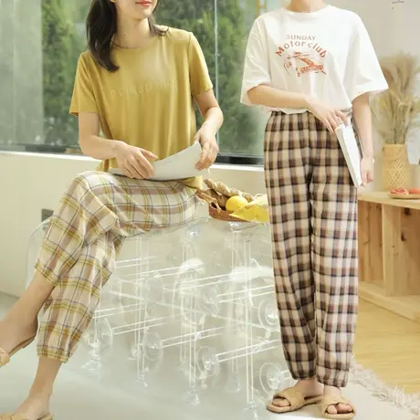 复古束脚女休闲裤全棉纯棉格子夏季薄款九分显瘦新款高腰直筒宽松图片