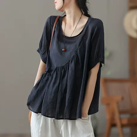 dza 复古薄款苎麻上衣女士短袖衬衣夏季气质打底漂亮外穿棉麻衣服商品大图