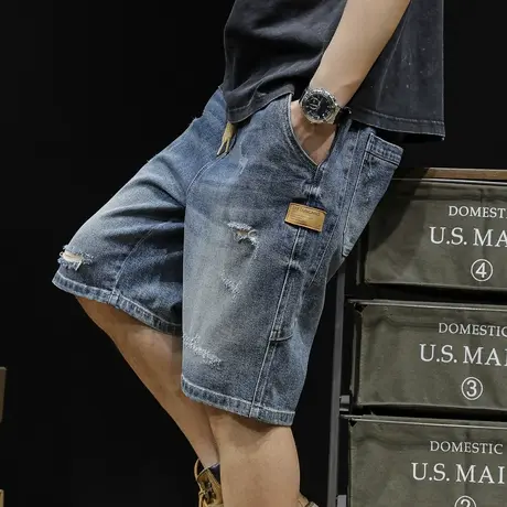 夏季破洞牛仔短裤男士五分裤潮牌5分男裤宽松大码裤子2023新款夏图片