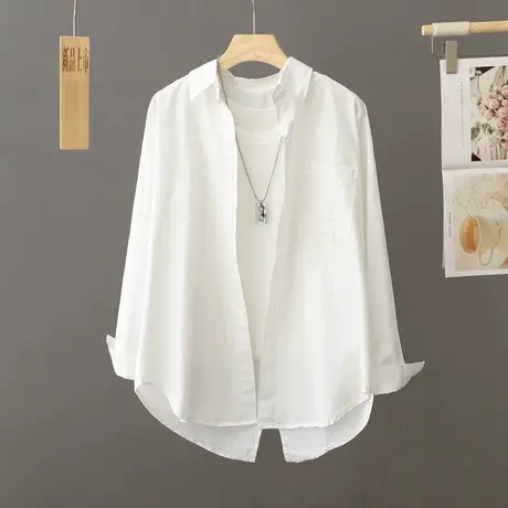 洋气白色纯棉衬衫女长袖中长款休闲衬衣外套2024新款秋季上衣叠穿商品大图