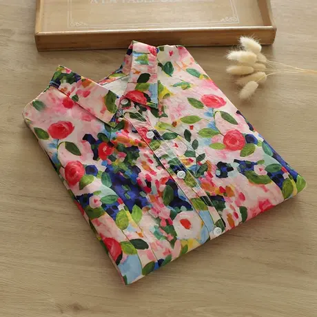 春秋季韩版文艺花朵印花纯棉长袖衬衫女宽松显瘦气质叠穿打底上衣商品大图