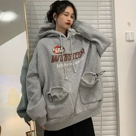 美式hiphop炸街卫衣女2021宽松韩版潮ins设计感小众加绒加厚外套商品大图