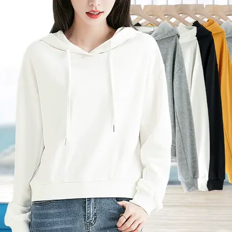 纯米白色短款连带帽子卫衣女春秋季单件套头精梳棉质修身打底衫薄图片