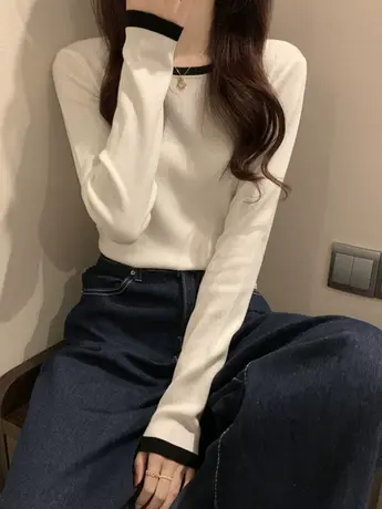 2023秋冬新款长袖打底衫女春秋内搭设计感小众上衣白色正肩t恤潮商品大图