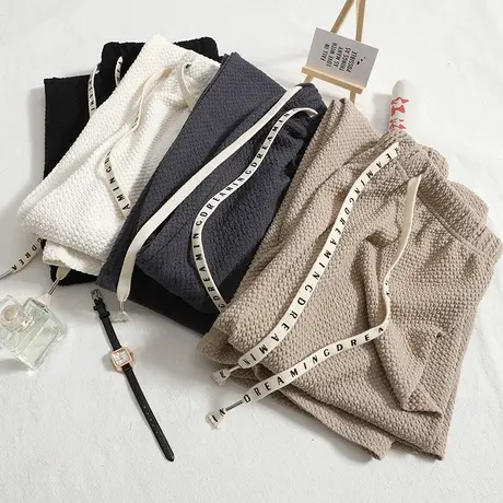 泡泡纹理百褶皱阔腿裤女春秋薄款直筒垂感显瘦拖地休闲卫裤泡芙裤图片