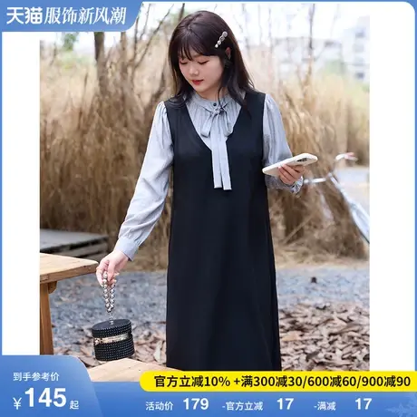 2024春装新款蝴蝶结飘带领设计感假两件套连衣裙显瘦大码胖MM长裙图片