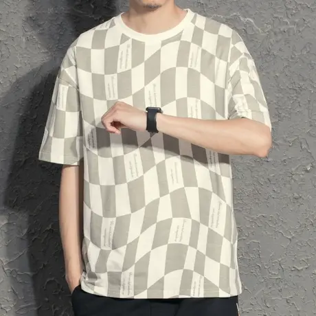 海魂衫格子T恤男潮牌2022新款夏季韩版潮流宽松短袖夏装体恤衫tee图片