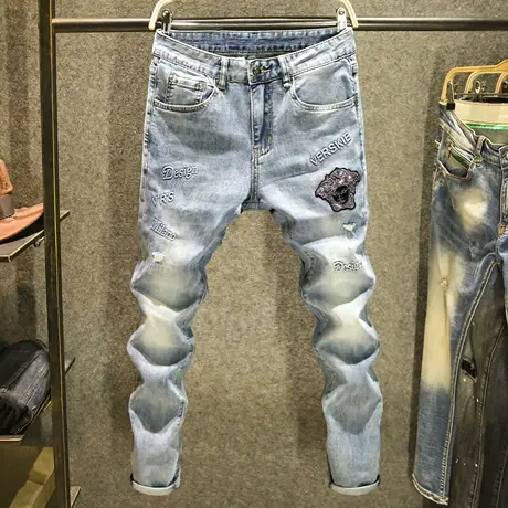 破洞潮牌牛仔裤男士高端大牌烫钻长裤时尚潮流烫印工艺修身小脚裤商品大图