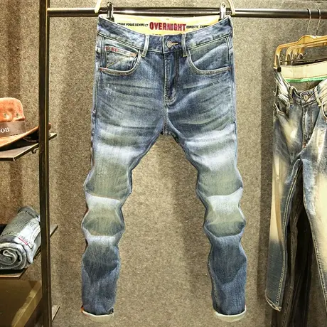 秋季复古牛仔裤男款修身小直筒裤子男士高端水洗时尚潮牌做旧长裤商品大图