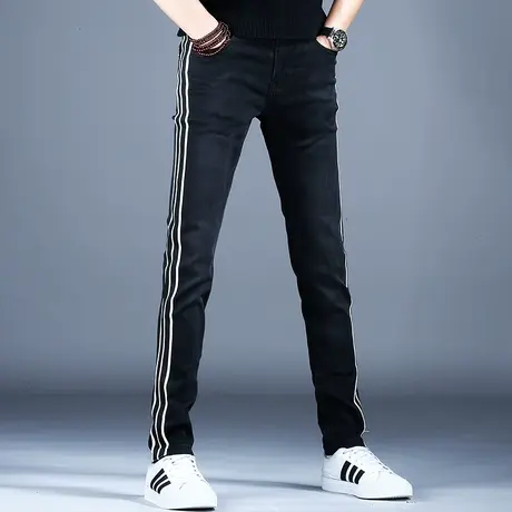 条纹黑色牛仔裤男款2023新款裤子男秋冬直筒修身高端潮流男裤小脚图片