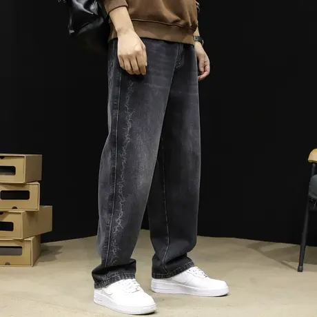 潮牌黑色牛仔裤男士春季2024新款直筒裤宽松大码春秋男裤阔腿裤子商品大图