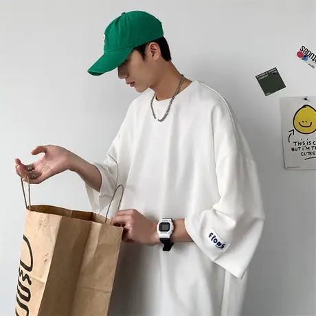 七分袖t恤男潮流夏季冰丝短袖宽松oversize蝙蝠袖潮牌亚麻上衣服商品大图