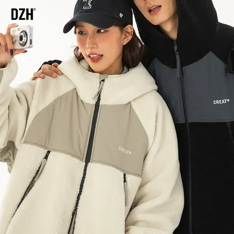 情侣摇粒绒外套男冬季加厚潮高级感连帽棉衣男款拼接棉服2024新款商品大图