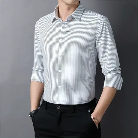 2022年春夏季男士条纹长袖衬衫青年商务翻领正装工装免烫潮流衬衣商品大图