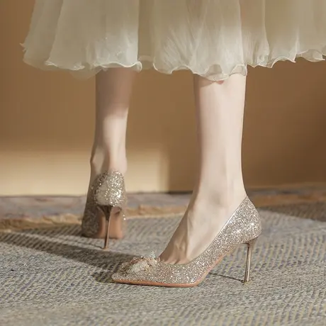 尖头水钻仙女风高跟鞋女细跟2024年春季新款性感百搭新娘结婚单鞋商品大图