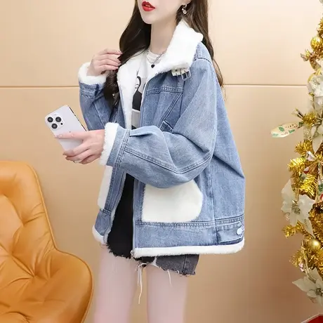 加绒加厚牛仔外套女2024新款春季爆款洋气宽松休闲百搭慵懒风上衣图片