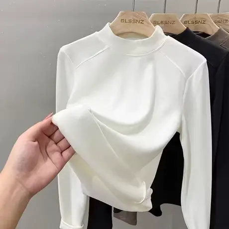洋气时髦半高领德绒打底衫女内搭秋冬加绒保暖上衣修身长袖T恤潮商品大图