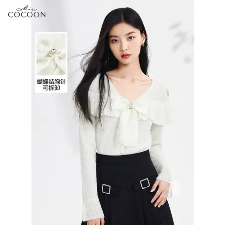 misscocoon露肩羊毛针织衫女2023新款时尚设计感荷叶边蝴蝶结上衣商品大图