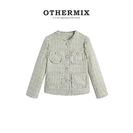 OtherMix小香风粗花呢外套女2024春秋新款宽松优雅气质毛边短外套图片