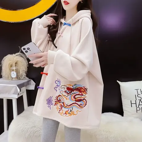 加绒加厚连帽卫衣女中长款2024新款春季爆款宽松设计感国潮风外套商品大图