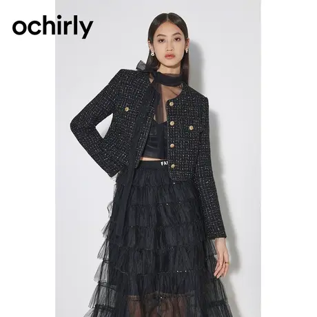 【直播专享】欧时力 格子小香风外套 2023新款秋装短款金银丝法式图片