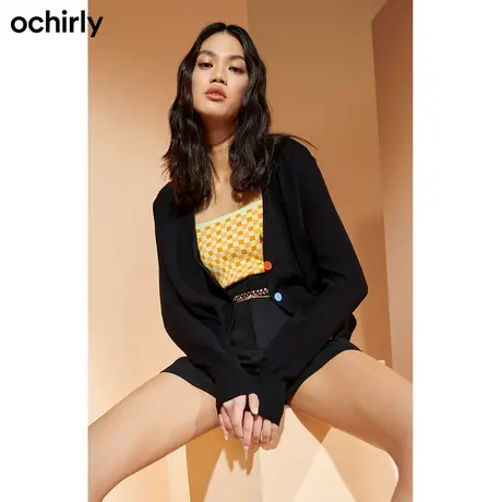 【呼呼严选专享】欧时力 棋盘格针织吊带开衫套装秋撞色图片