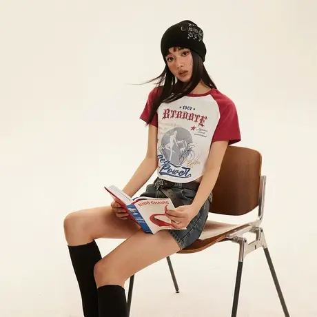 美式复古正肩t恤女短袖夏装2023年新款拼接插肩袖紧身短款上衣ins商品大图