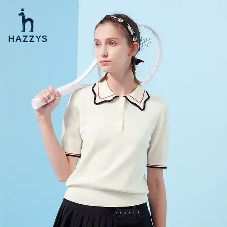 Hazzys哈吉斯奥莱早春翻领撞色甜美短袖针织衫女士新款休闲上衣韩图片