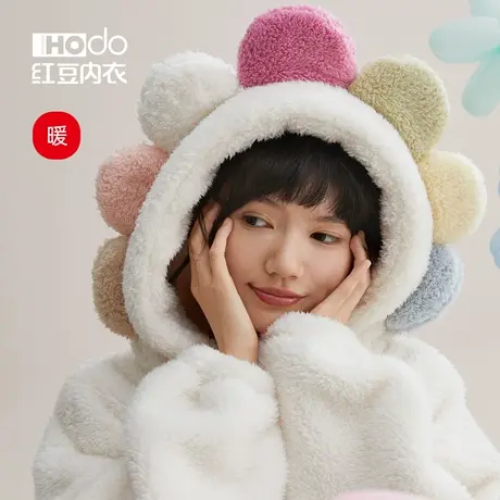 红豆睡袍女士珊瑚绒可爱连帽加厚睡衣可外穿秋冬季保暖家居服预商品大图