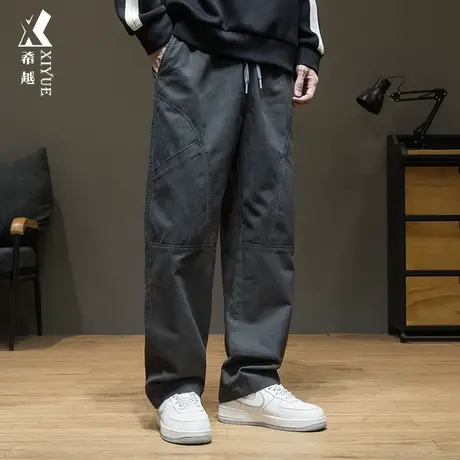 纯棉工装休闲直筒裤男2024春季新款宽松大码美式高街深灰色长裤子商品大图