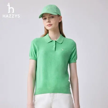 【商场同款】Hazzys哈吉斯素色翻领针织衫女士新款休闲短袖上衣图片